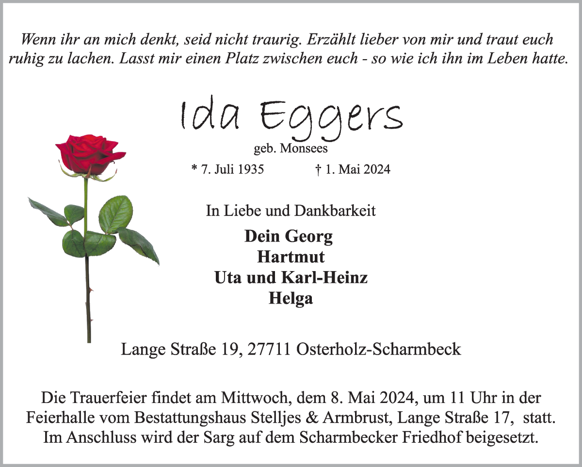 Traueranzeige von Ida Eggers von Osterholzer Kreisblatt