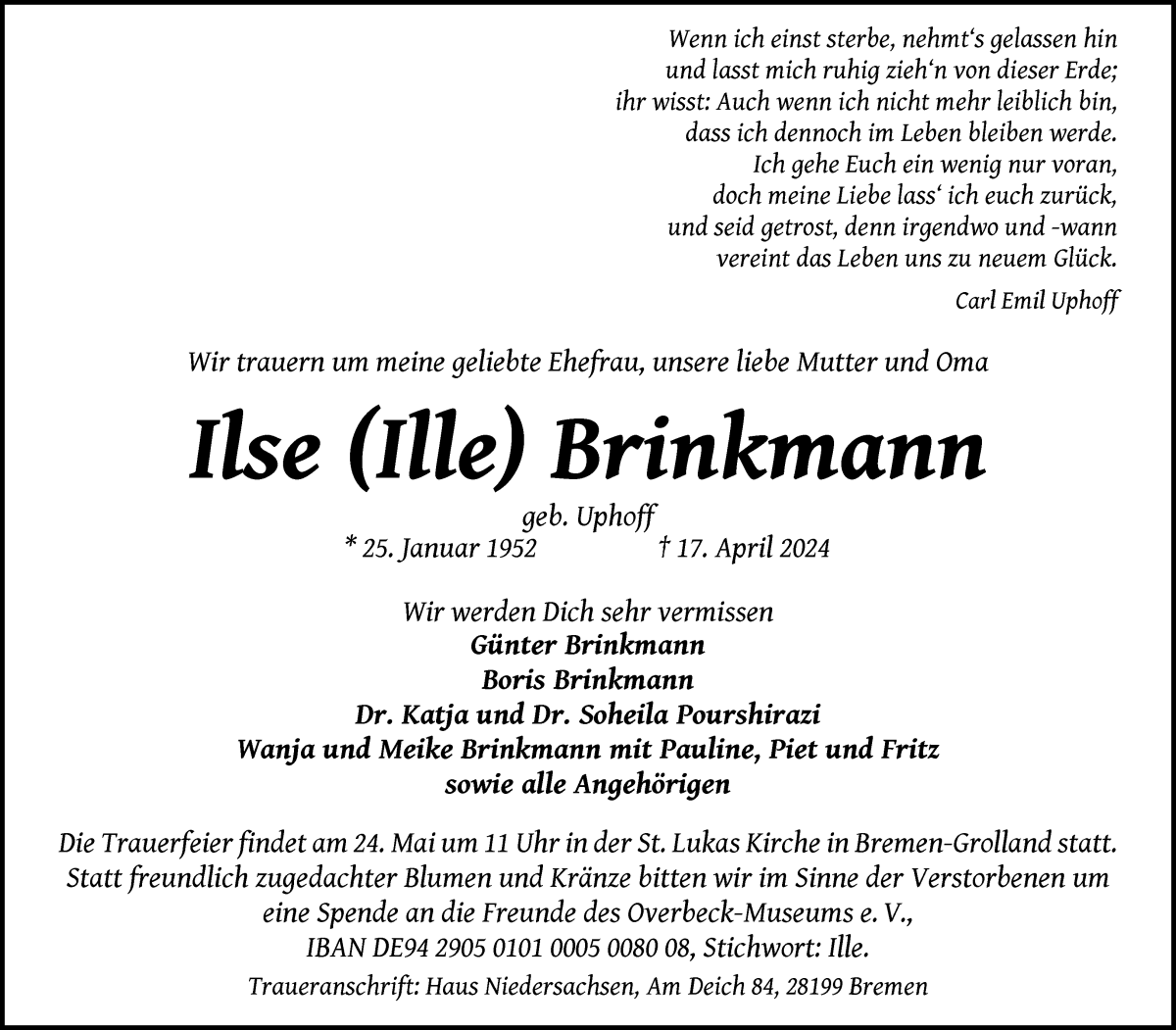 Traueranzeige von Ilse Brinkmann von Wuemme Zeitung