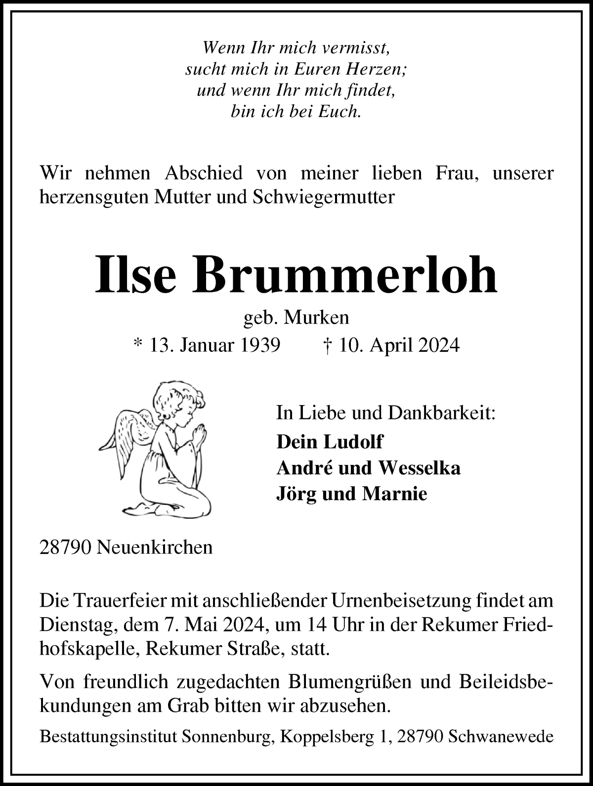 Traueranzeige von Ilse Brummerloh von Die Norddeutsche