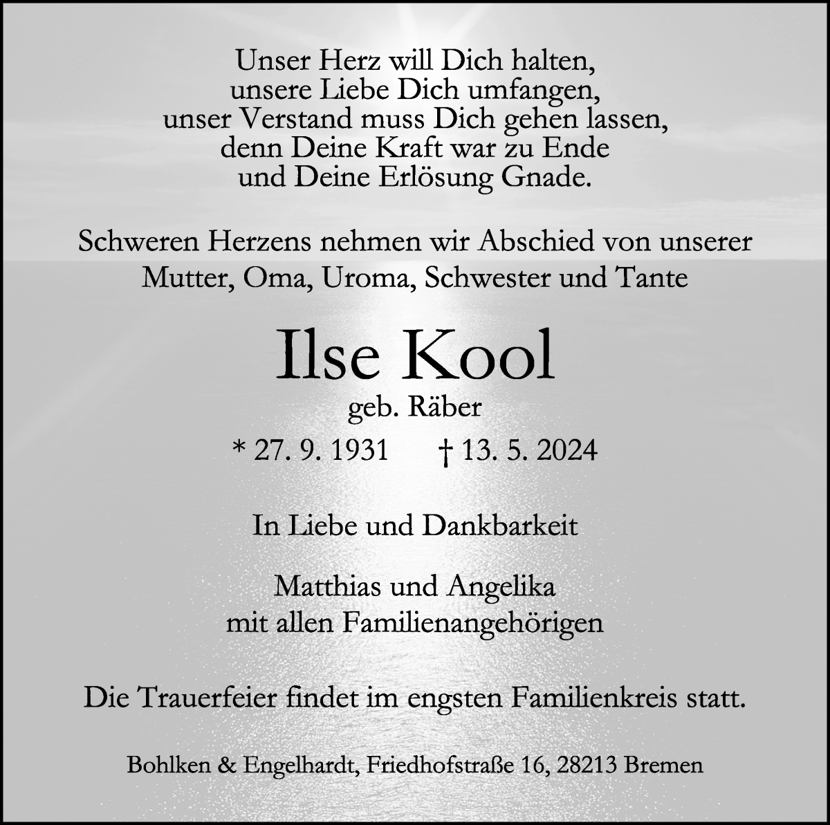 Traueranzeige von Ilse Kool von WESER-KURIER