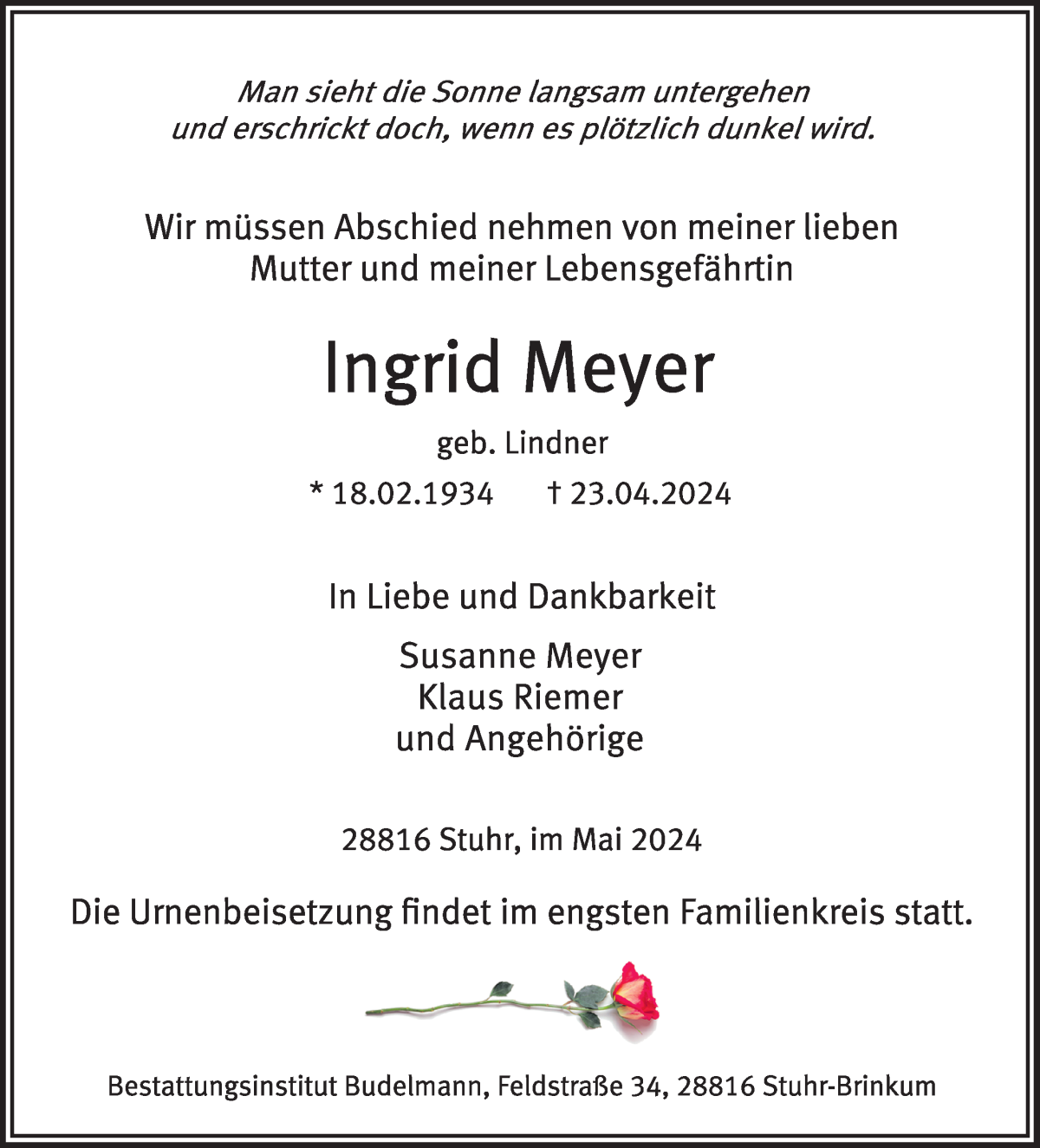 Traueranzeige von Ingrid Meyer von WESER-KURIER