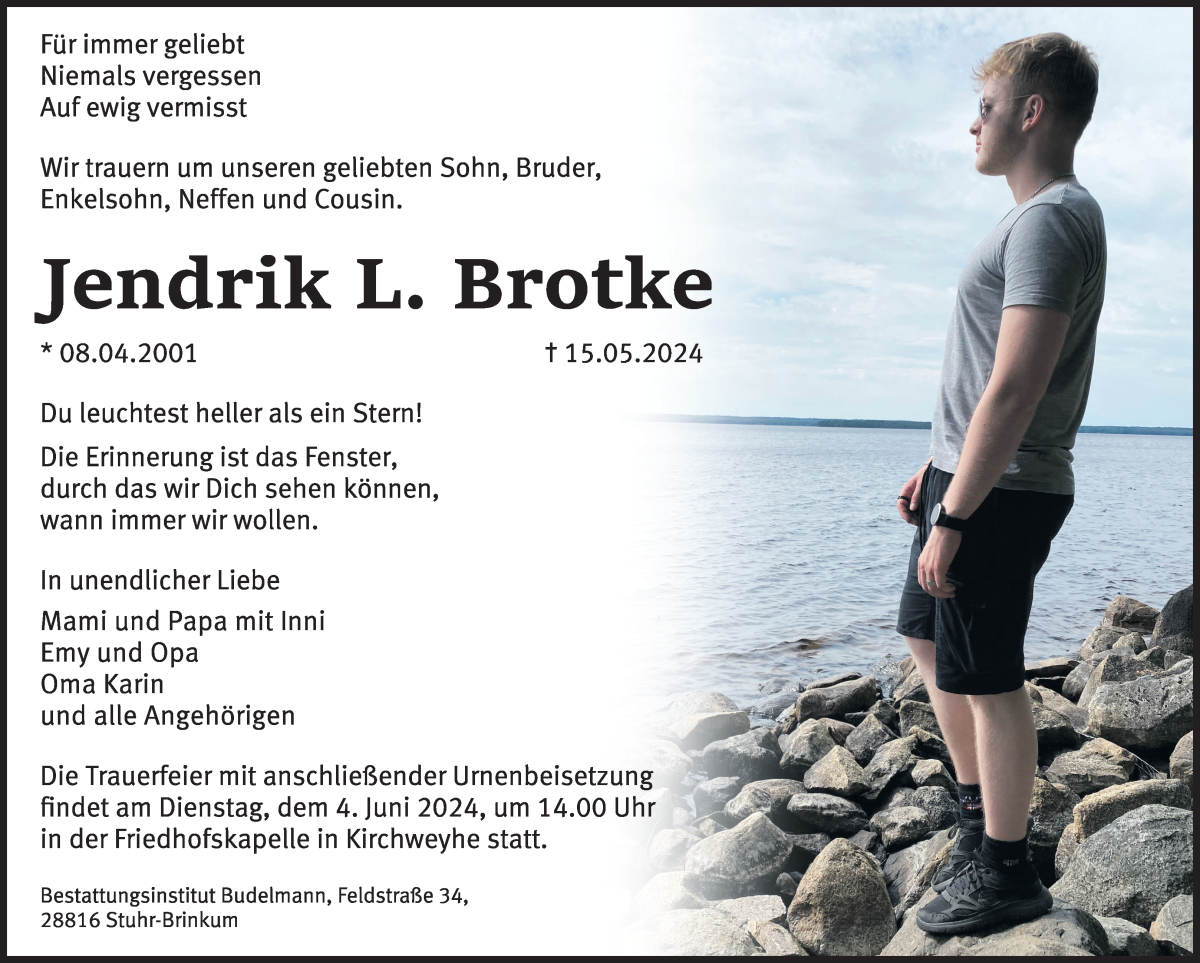  Traueranzeige für Jendrik Brotke vom 25.05.2024 aus Regionale Rundschau/Syker Kurier