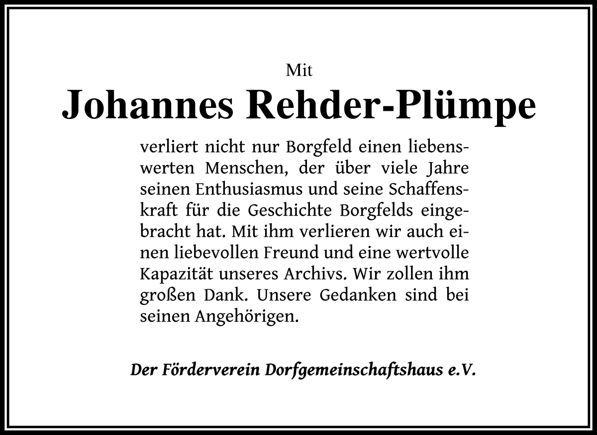 Traueranzeige von Johannes Rehder-Plümpe von Wuemme Zeitung