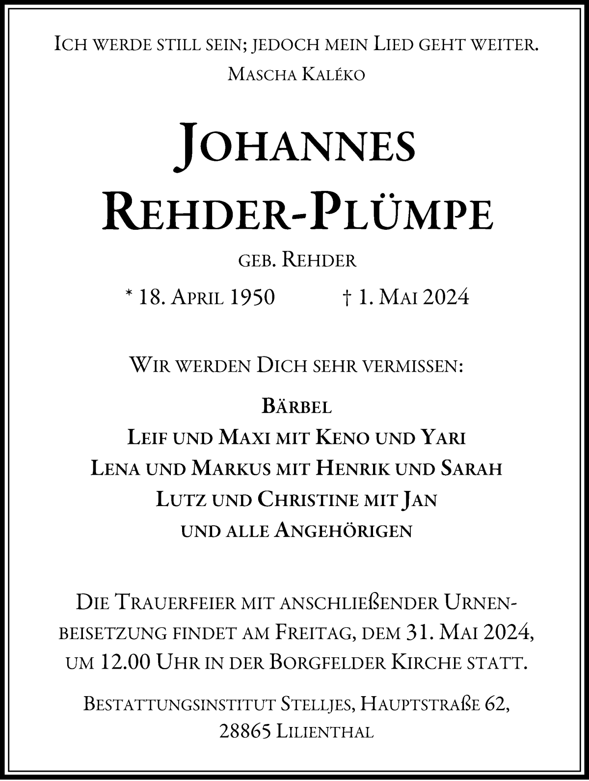 Traueranzeige von Johannes Rehder-Plümpe von Osterholzer Kreisblatt