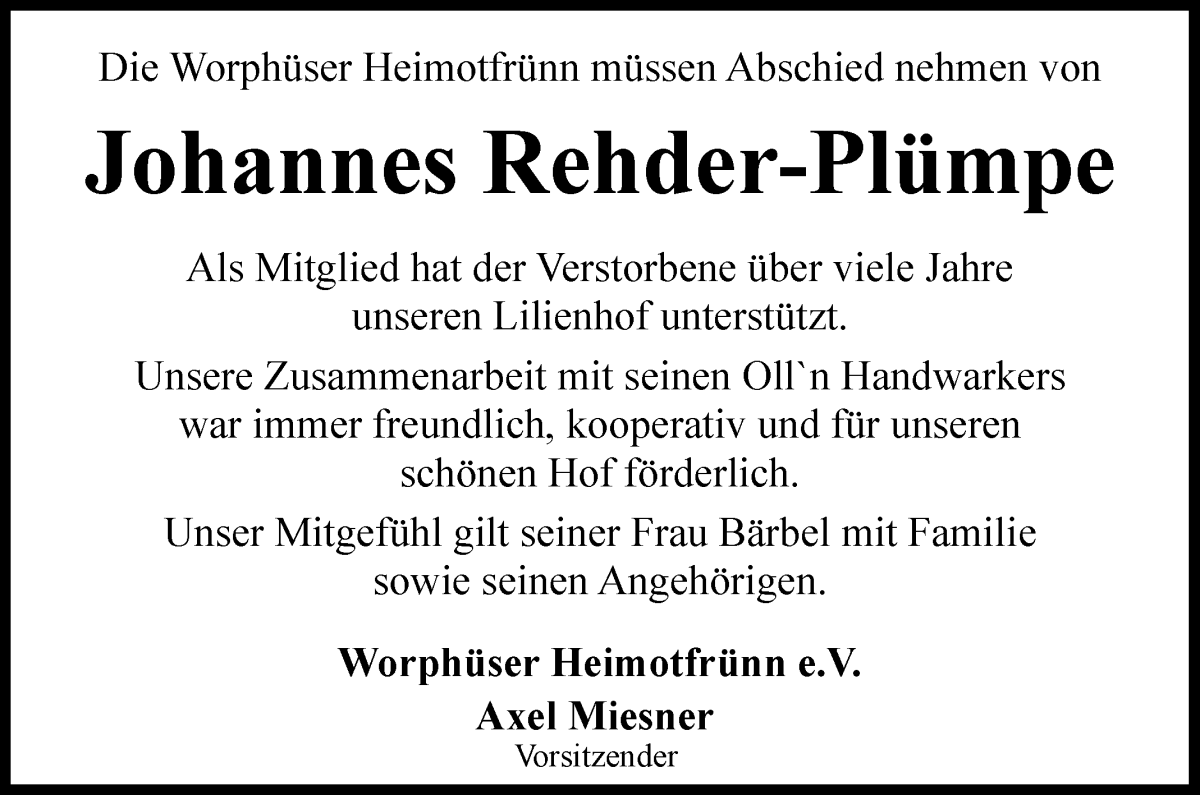 Traueranzeige von Johannes Rehder-Plümpe von Wuemme Zeitung