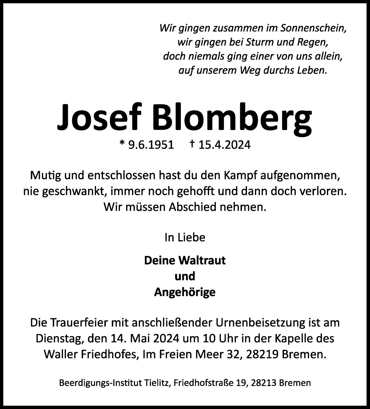 Traueranzeige von Josef Blomberg von WESER-KURIER