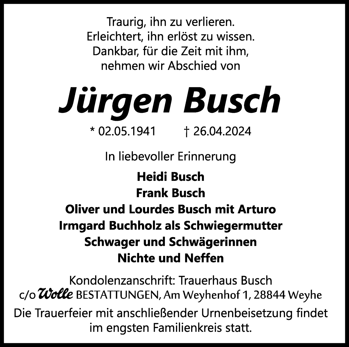 Traueranzeige von Jürgen Busch von WESER-KURIER
