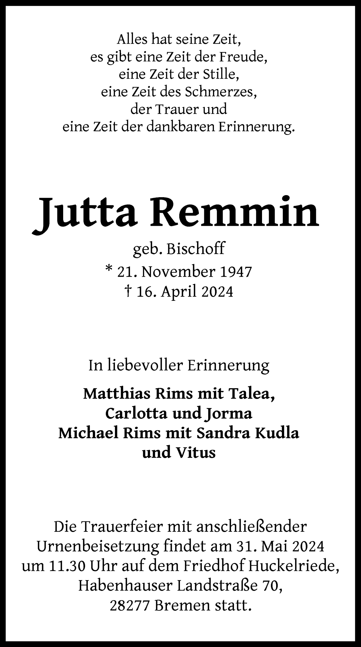 Traueranzeige von Jutta Remmin von WESER-KURIER