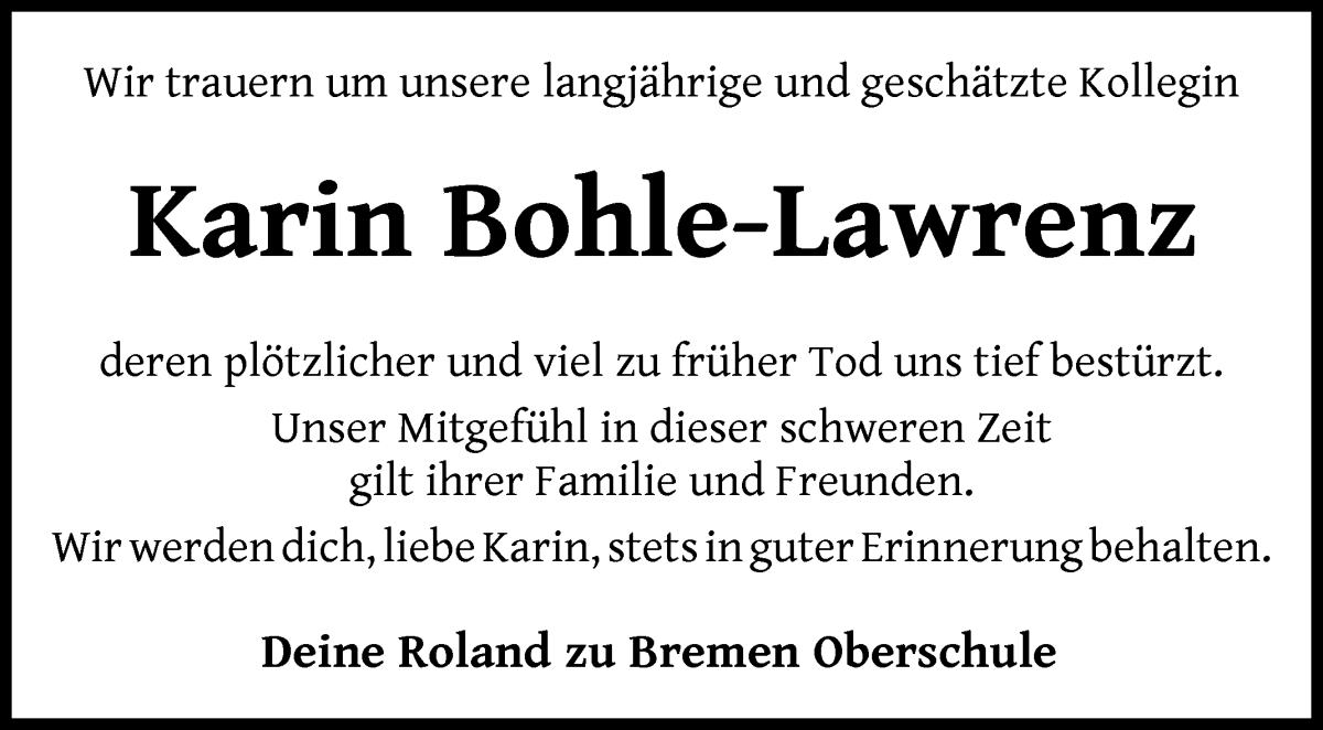  Traueranzeige für Karin Bohle-Lawrenz vom 25.05.2024 aus WESER-KURIER