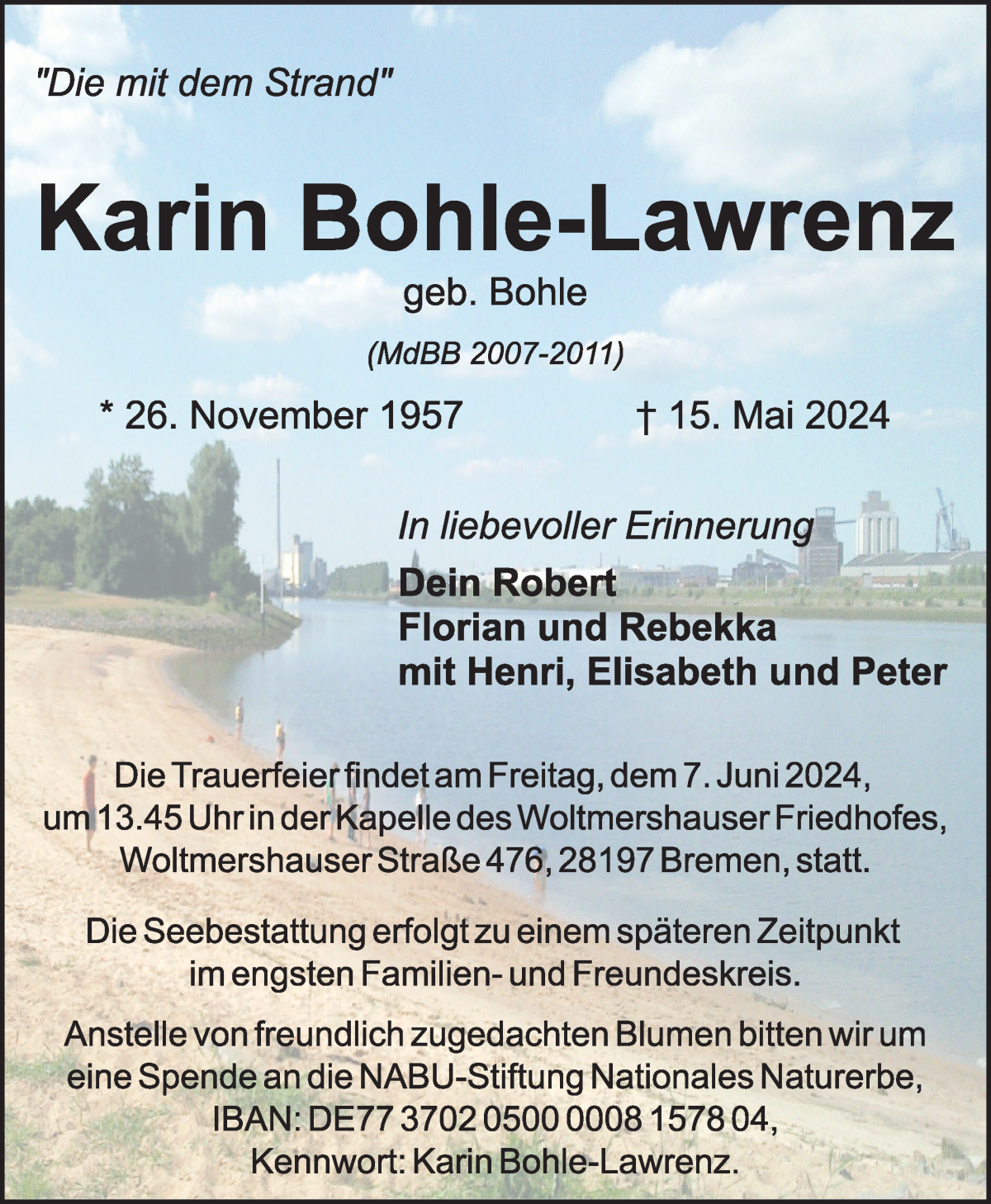  Traueranzeige für Karin Bohle-Lawrenz vom 25.05.2024 aus WESER-KURIER