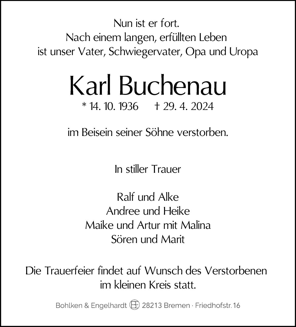 Traueranzeige von Karl Buchenau von WESER-KURIER