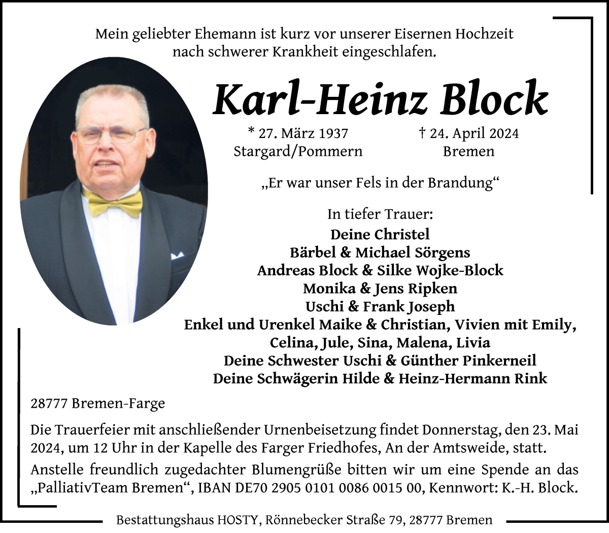 Traueranzeige von Karl-Heinz Block von Die Norddeutsche