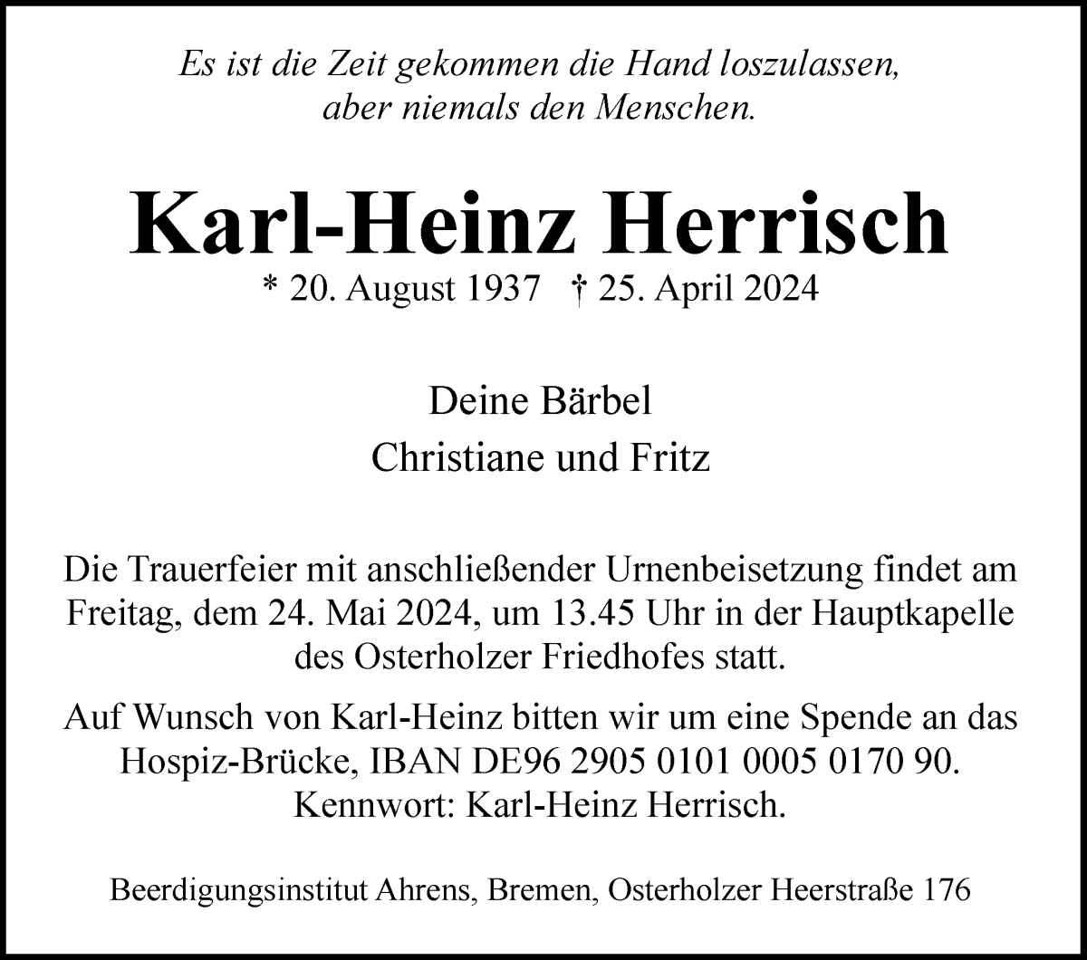 Traueranzeige von Karl-Heinz Herrisch von WESER-KURIER