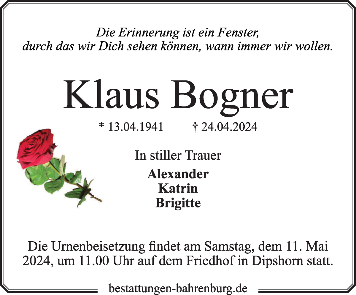 Traueranzeige von Klaus Bogner von WESER-KURIER