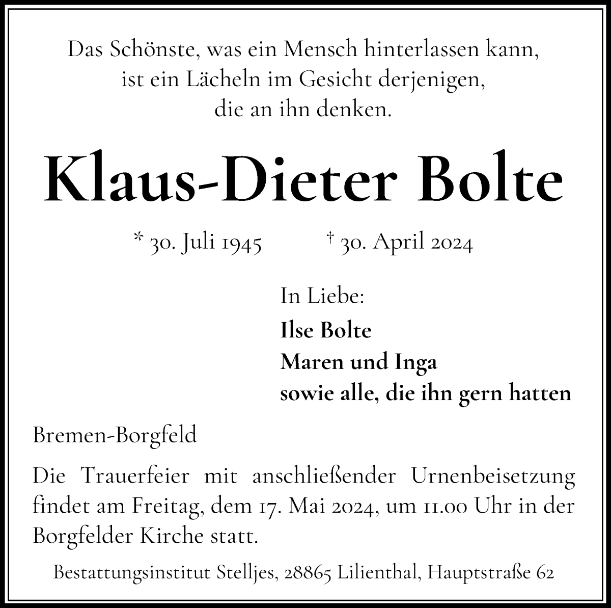 Traueranzeige von Klaus-Dieter Bolte von WESER-KURIER