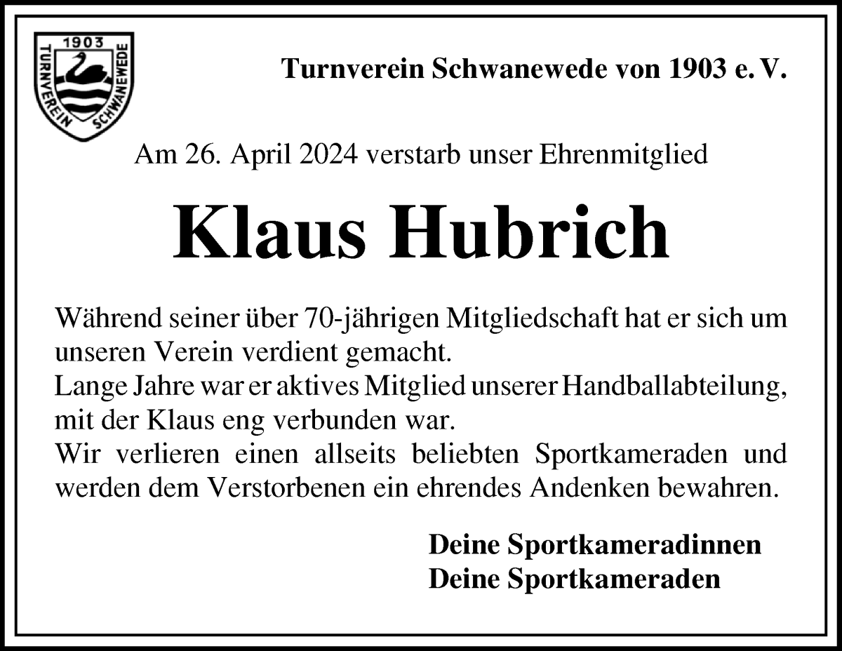 Traueranzeige von Klaus Hubrich von Die Norddeutsche
