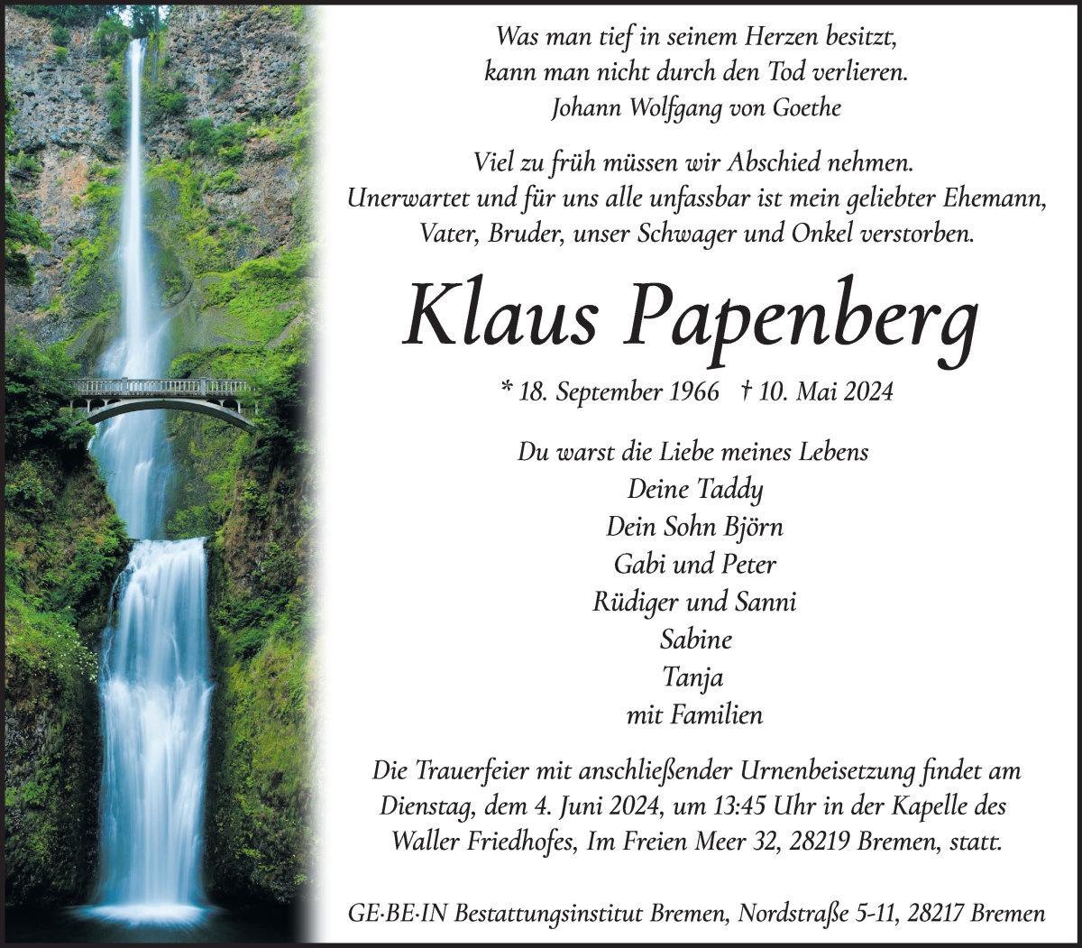  Traueranzeige für Klaus Papenberg vom 18.05.2024 aus WESER-KURIER