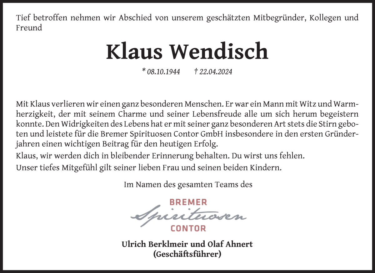 Traueranzeige von Klaus Wendisch von WESER-KURIER