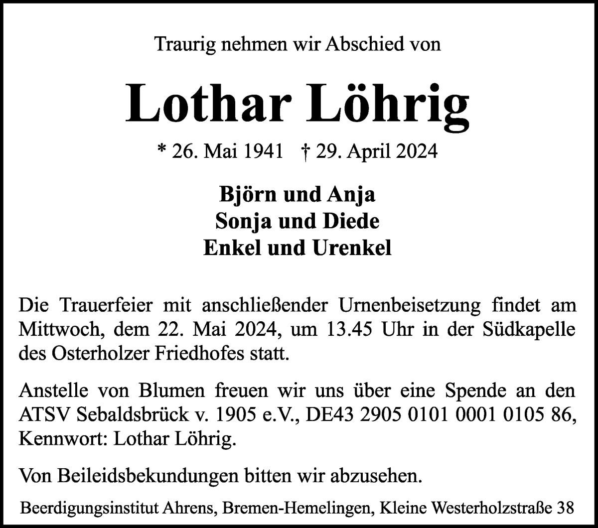 Traueranzeige von Lothar Löhrig von WESER-KURIER