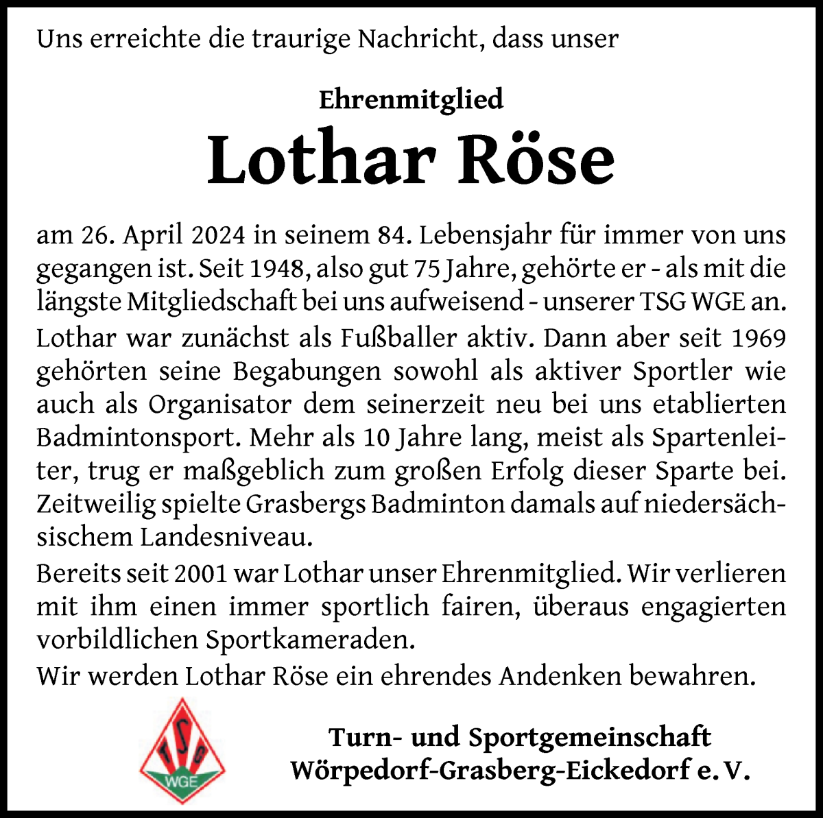 Traueranzeige von Lothar Röse von Wuemme Zeitung