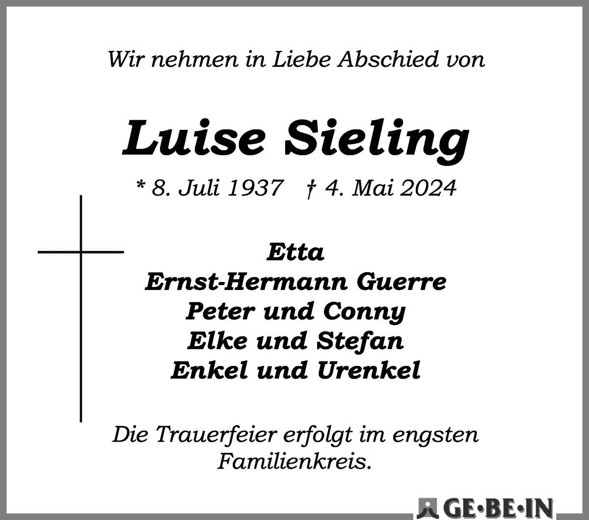 Traueranzeige von Luise Sieling von WESER-KURIER
