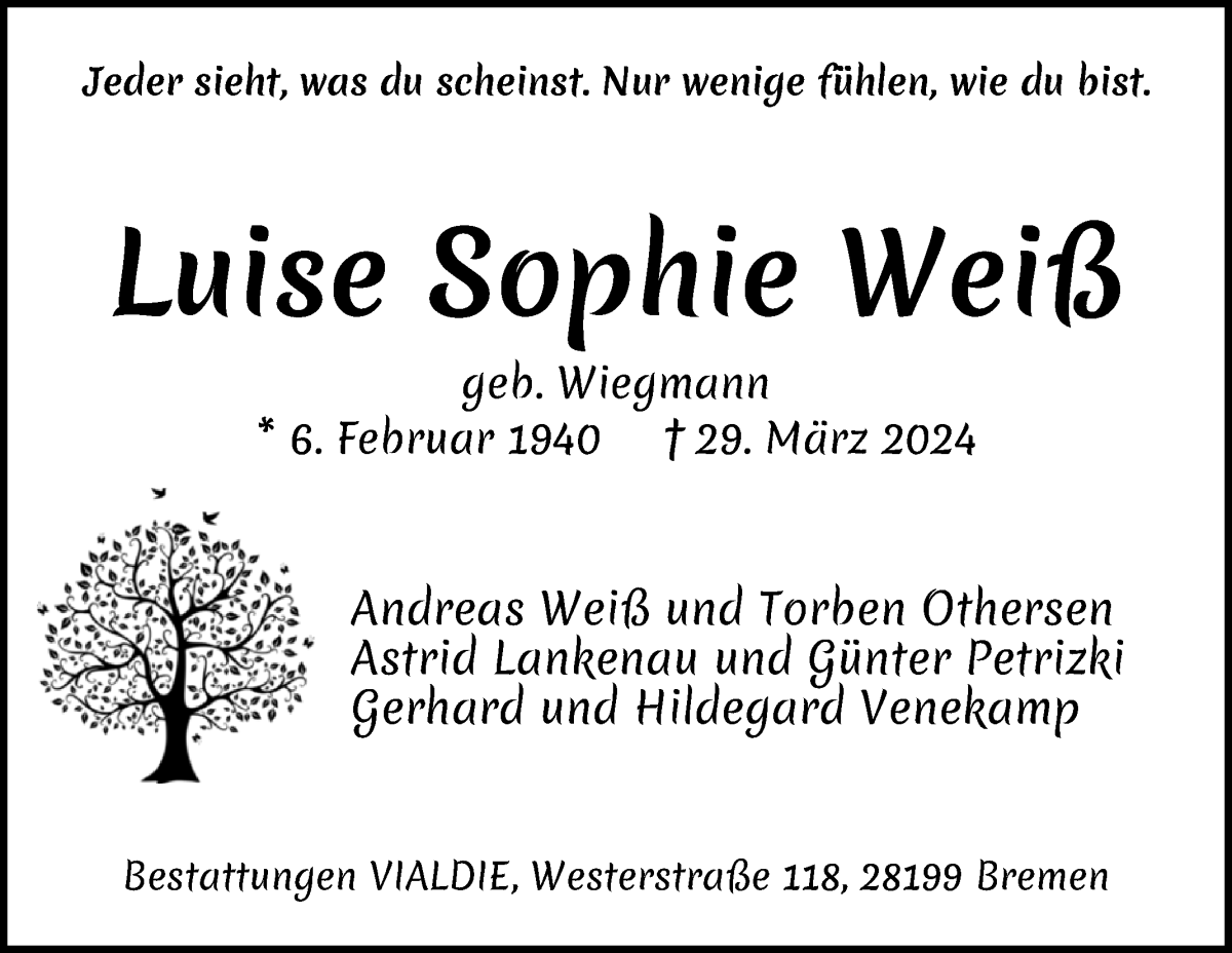 Traueranzeige von Luise Sophie Weiß von WESER-KURIER
