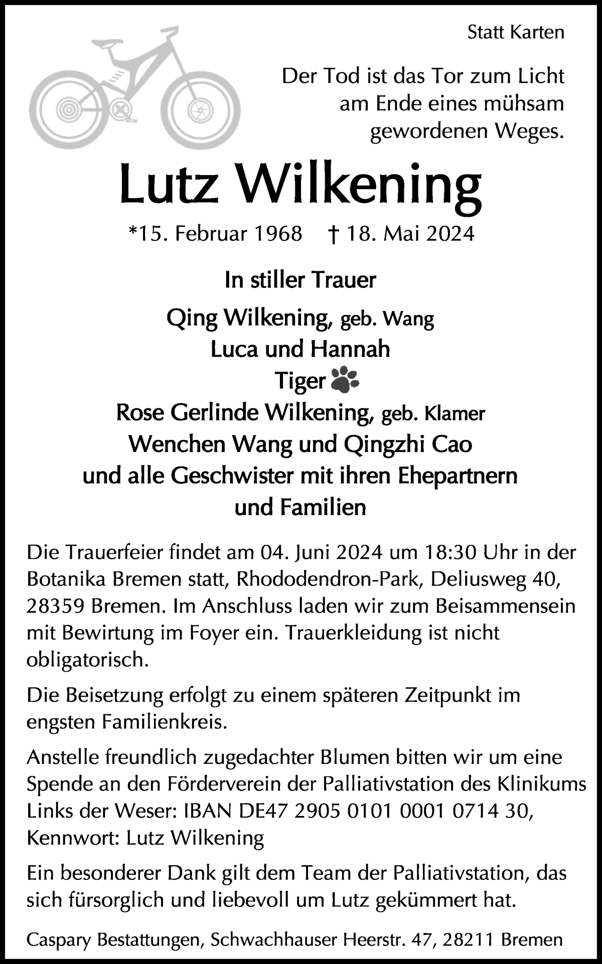  Traueranzeige für Lutz Wilkening vom 25.05.2024 aus WESER-KURIER