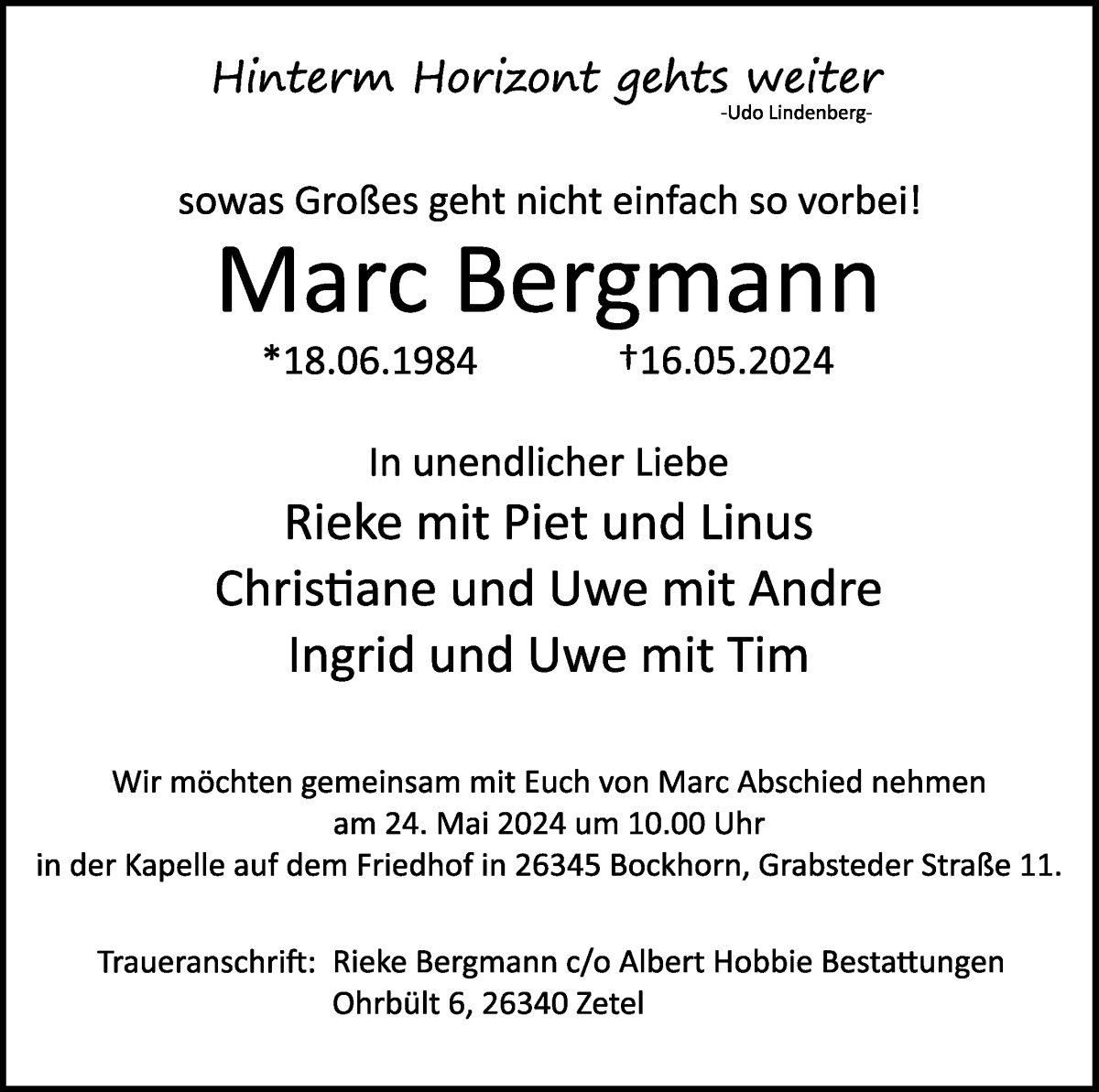  Traueranzeige für Marc Bergmann vom 22.05.2024 aus Die Norddeutsche