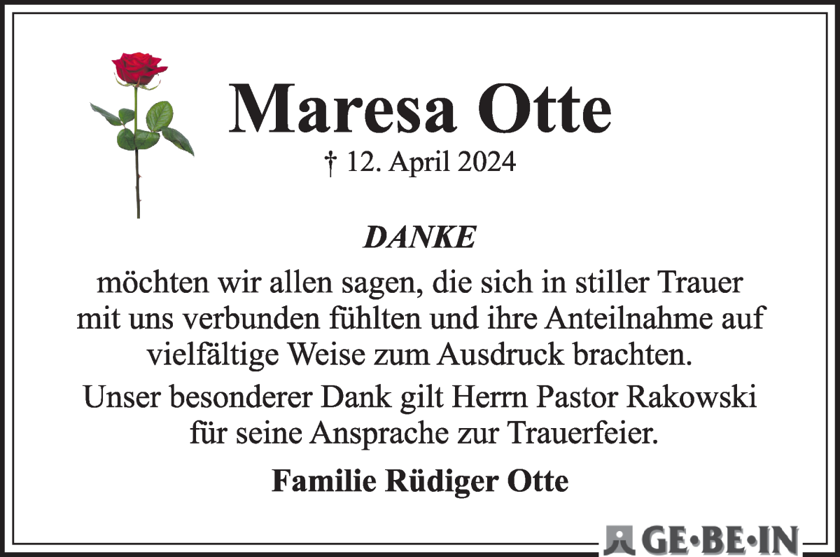 Traueranzeige von Maresa Otte von WESER-KURIER