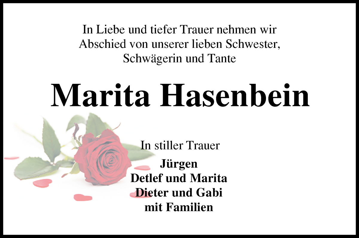  Traueranzeige für Marita Hasenbein vom 07.05.2024 aus Osterholzer Kreisblatt