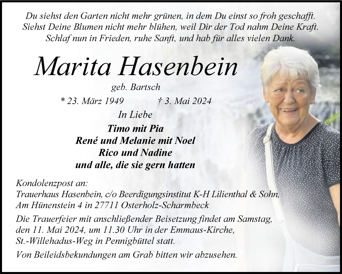  Traueranzeige für Marita Hasenbein vom 07.05.2024 aus Osterholzer Kreisblatt