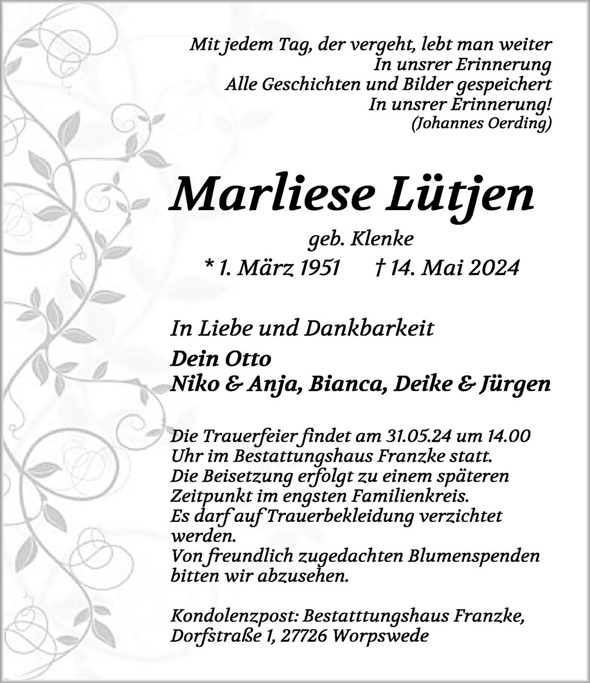  Traueranzeige für Marliese Lütjen vom 24.05.2024 aus Osterholzer Kreisblatt