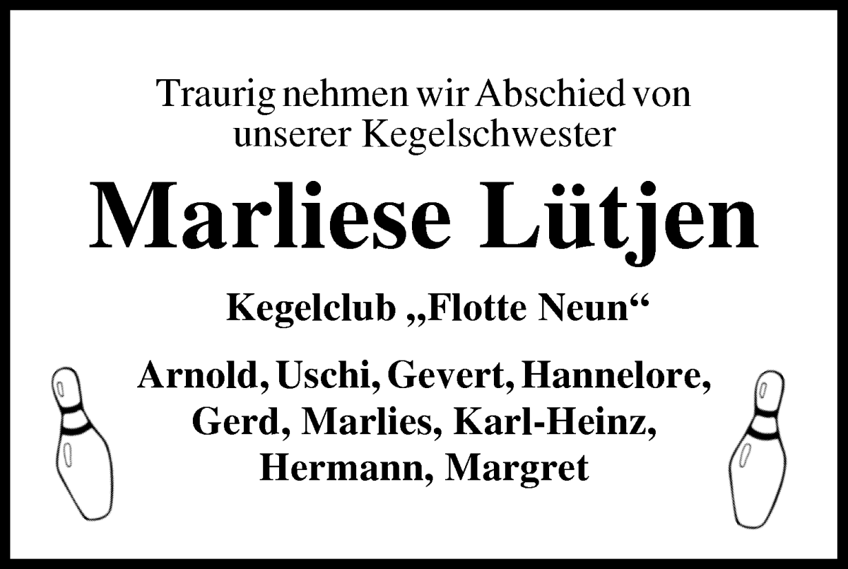  Traueranzeige für Marliese Lütjen vom 25.05.2024 aus Osterholzer Kreisblatt