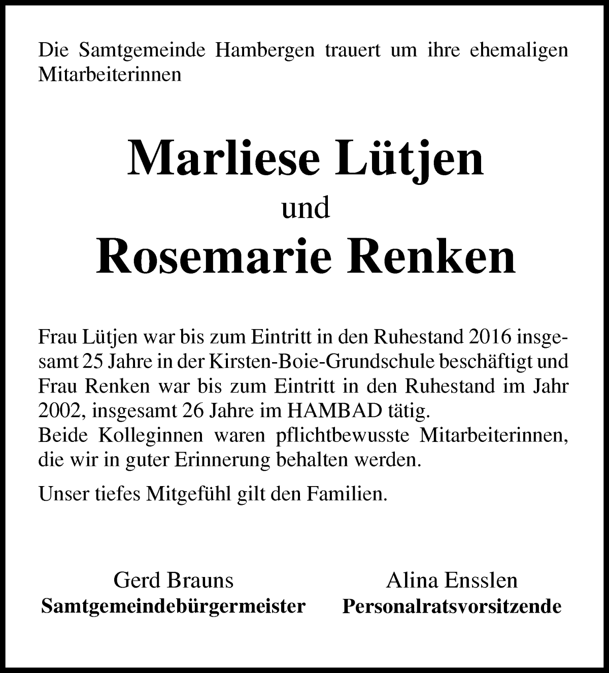 Traueranzeige von Marliese Lütjen und Rosemarie Renken von Osterholzer Kreisblatt