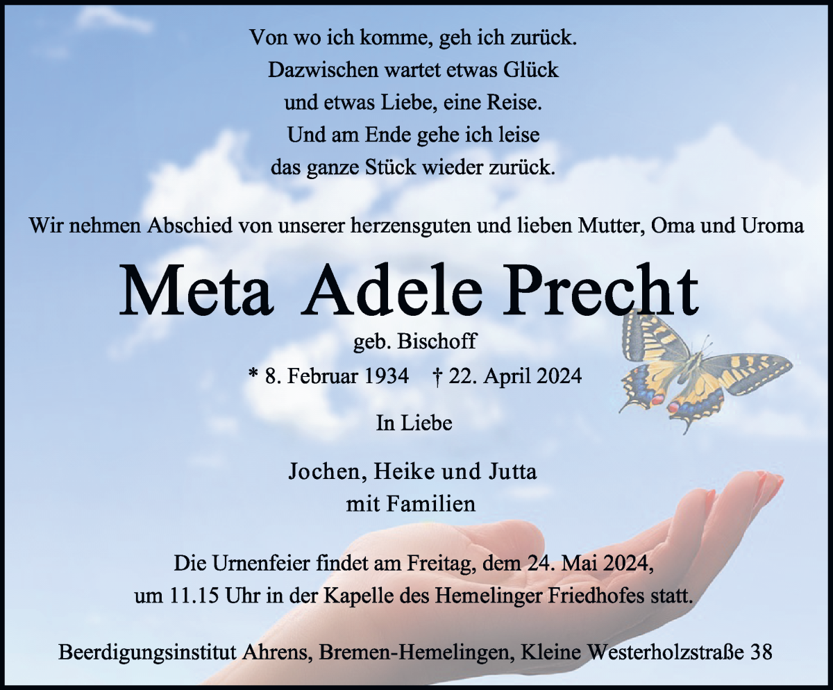  Traueranzeige für Meta Adele Precht vom 18.05.2024 aus WESER-KURIER