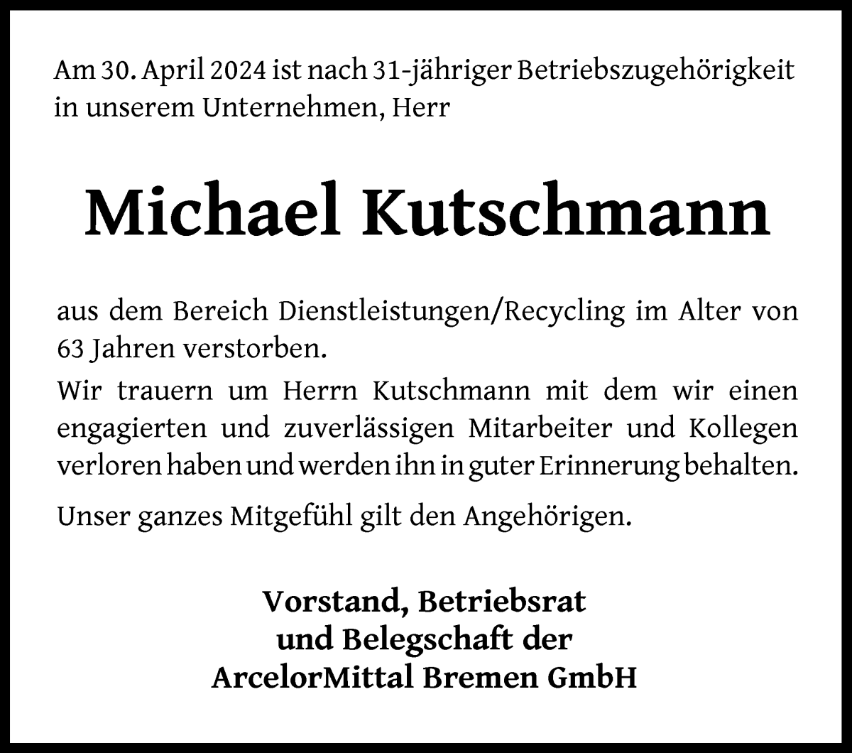 Traueranzeige von Michael Kutschmann von WESER-KURIER