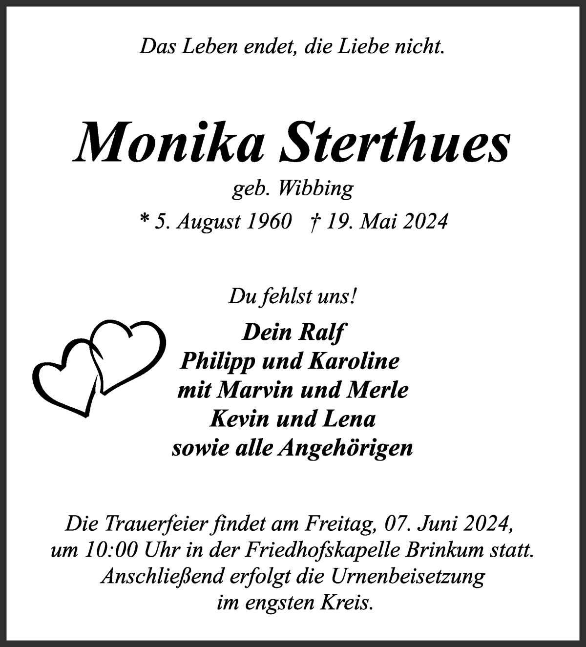  Traueranzeige für Monika Sterthues vom 25.05.2024 aus WESER-KURIER
