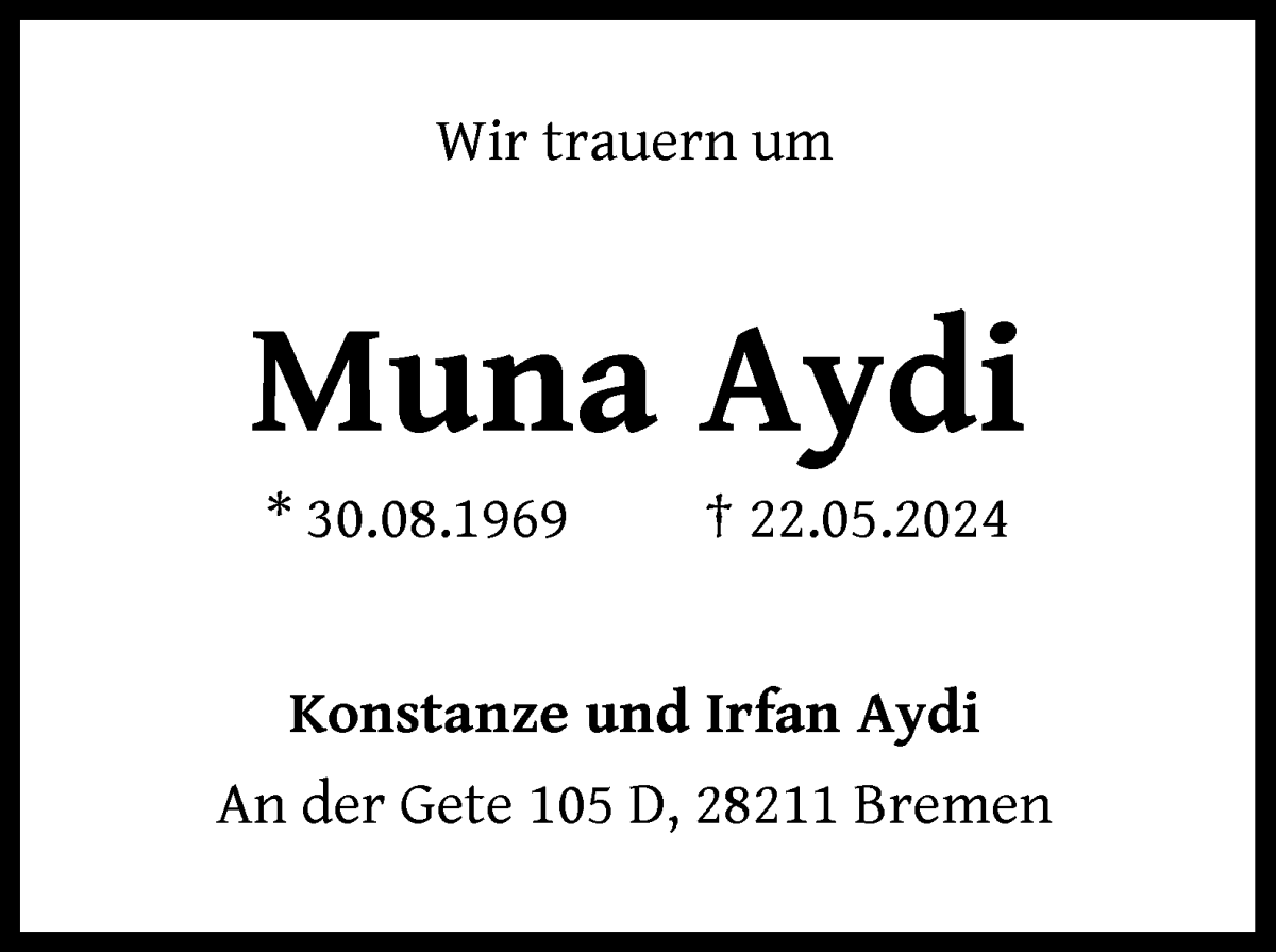  Traueranzeige für Muna Aydi vom 25.05.2024 aus WESER-KURIER