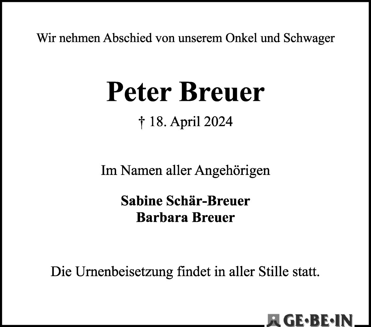 Traueranzeige von Peter Breuer von WESER-KURIER
