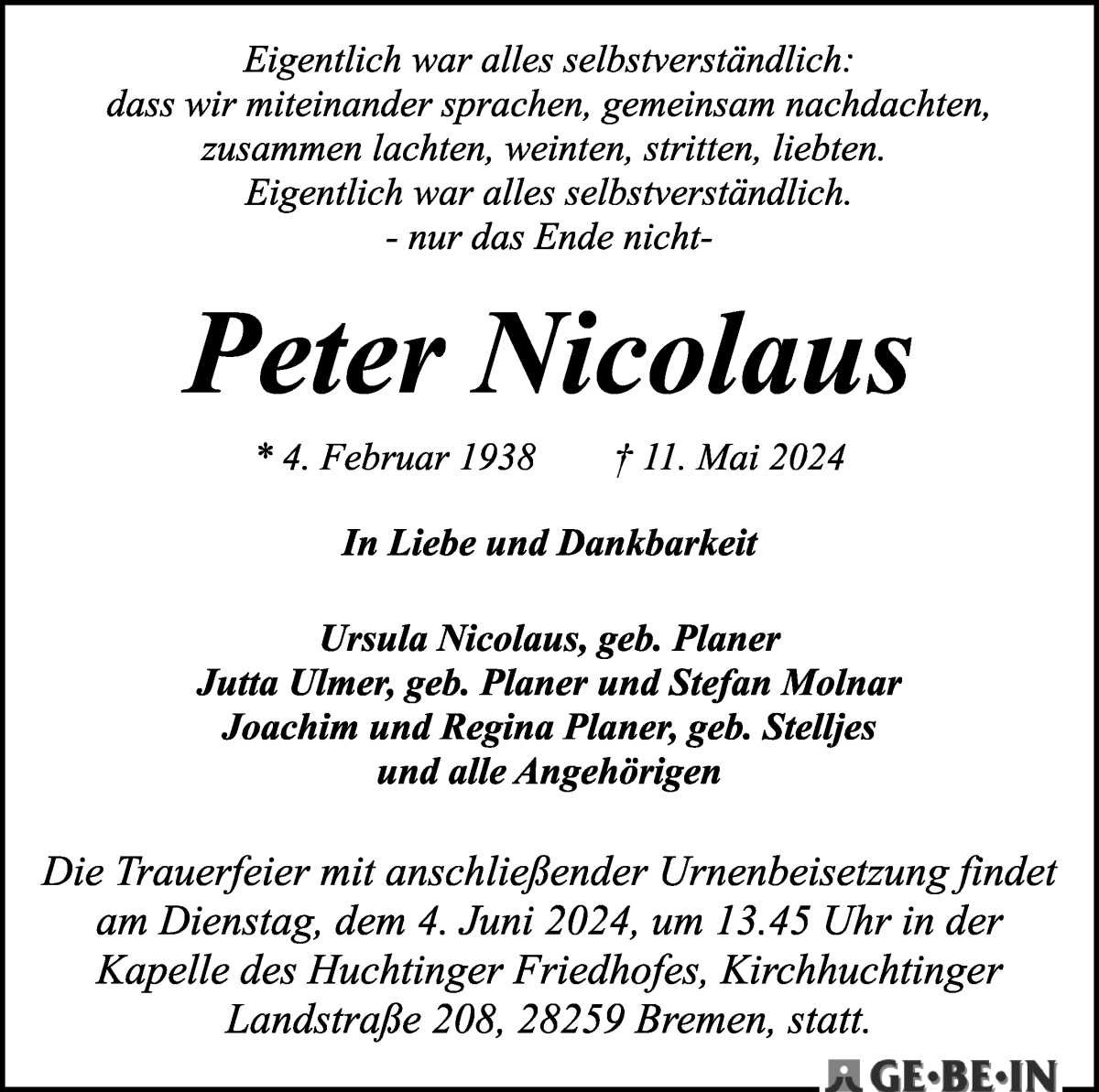 Traueranzeige von Peter Nicolaus von WESER-KURIER