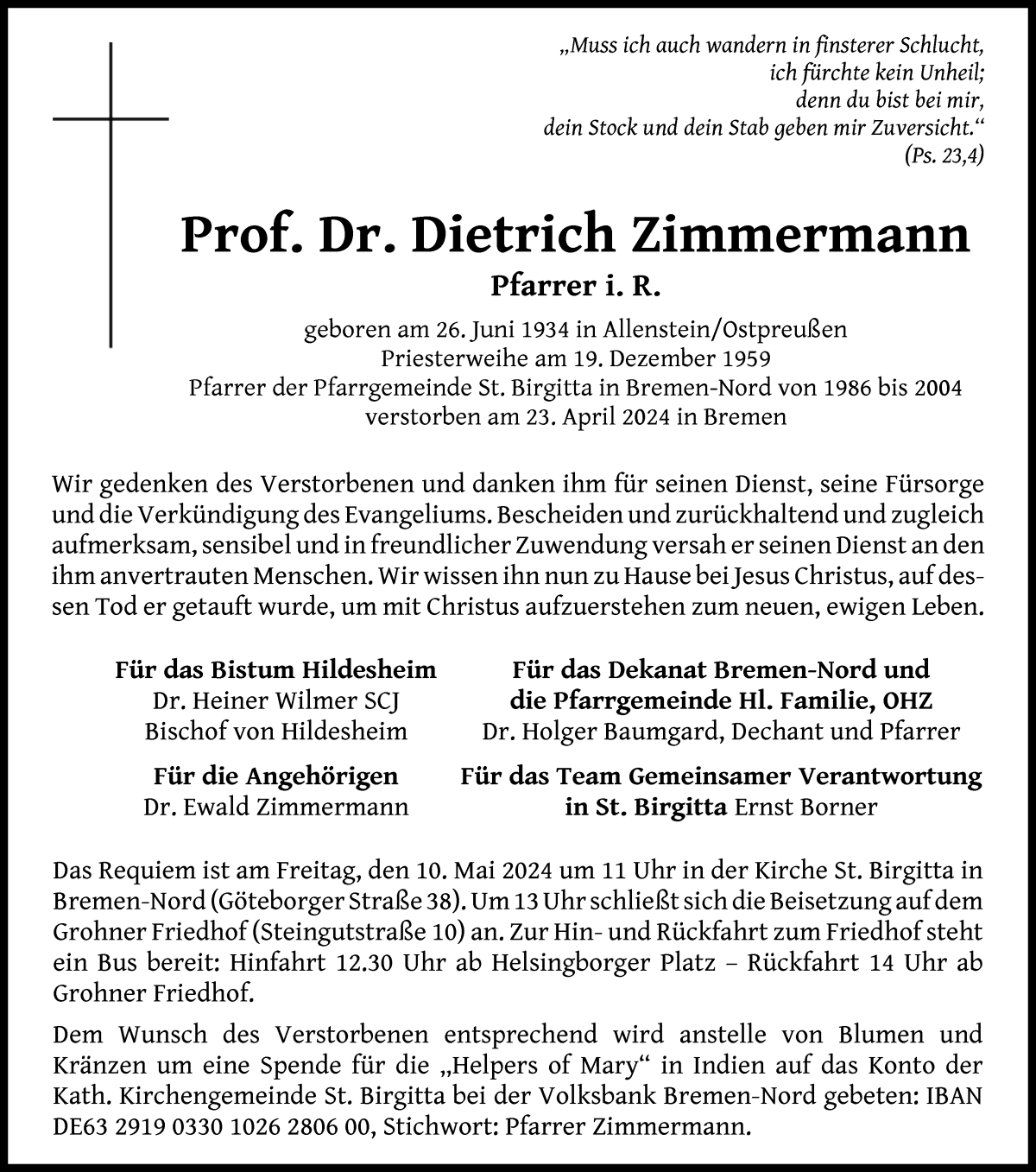 Traueranzeige von Prof. Dr. Dietrich Zimmermann von Die Norddeutsche