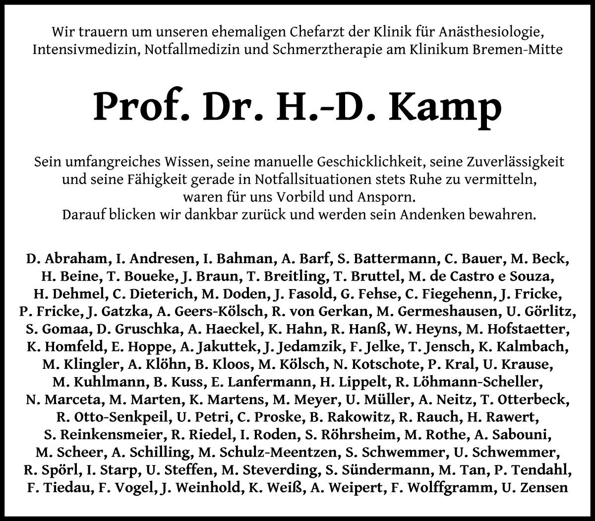 Traueranzeige von Prof. Dr. H.D. Kamp von WESER-KURIER