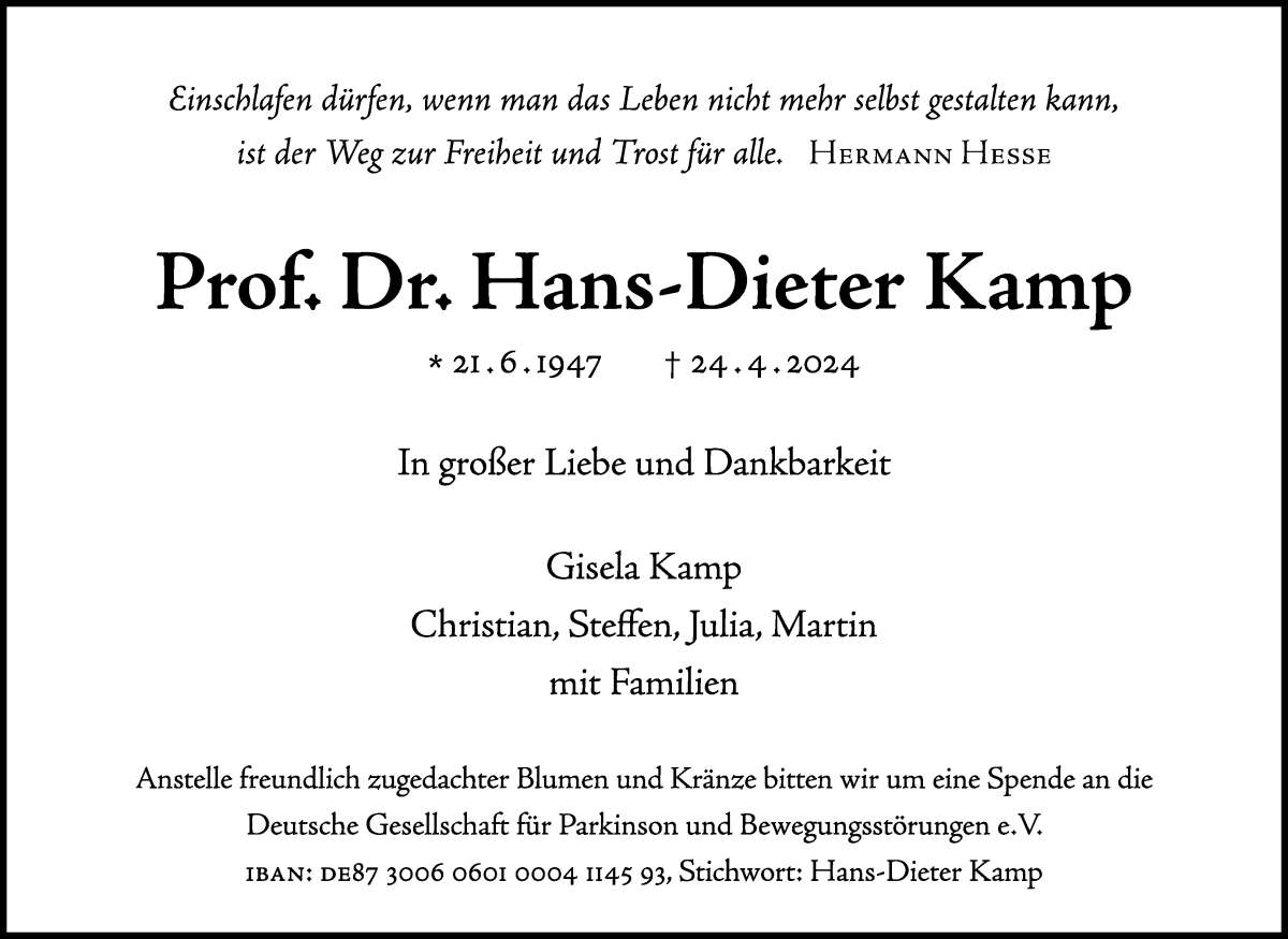 Traueranzeige von Prof. Dr. Hans-Dieter Kamp von WESER-KURIER