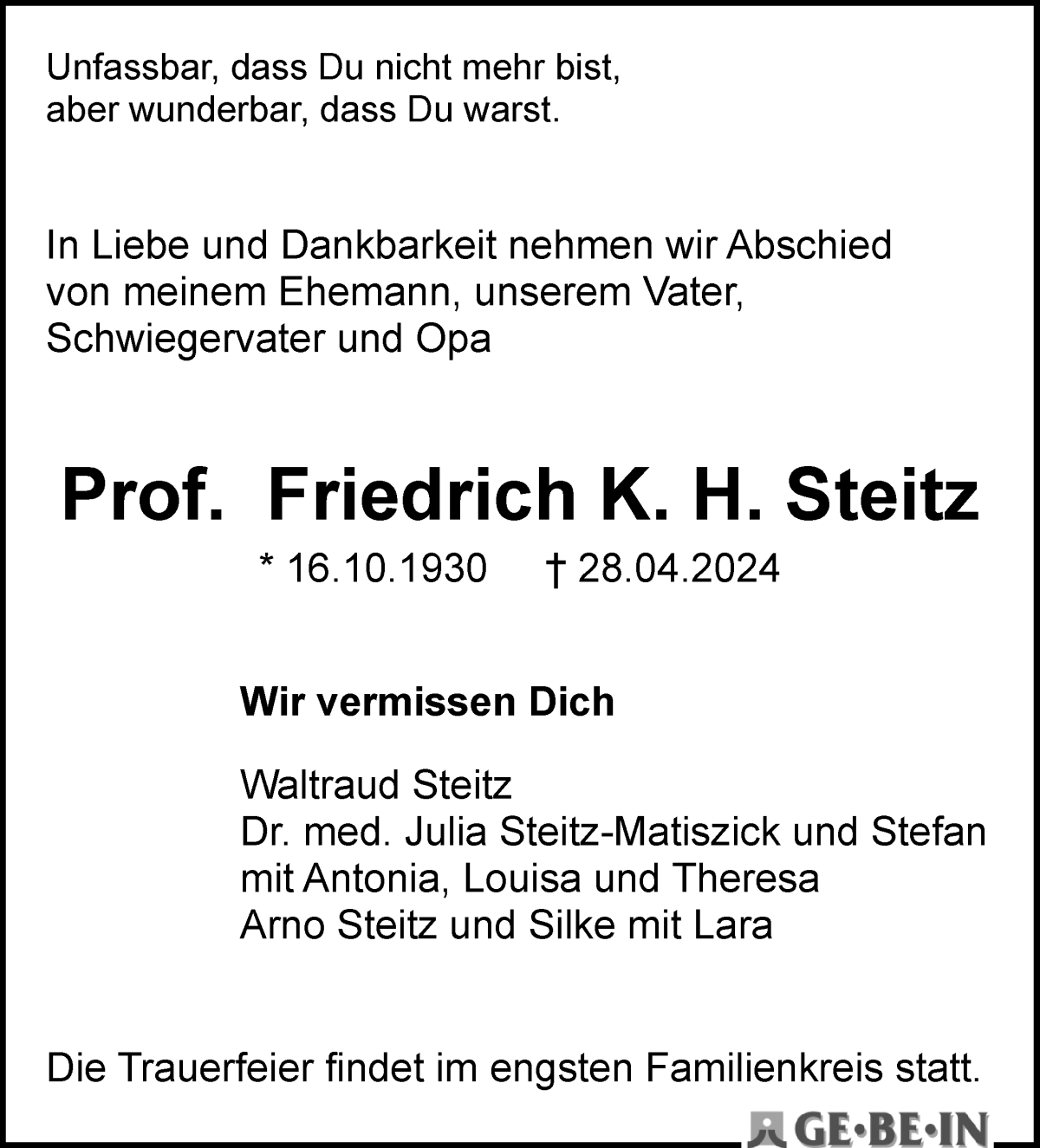 Traueranzeige von Prof. Friedrich K. H. Steitz von WESER-KURIER