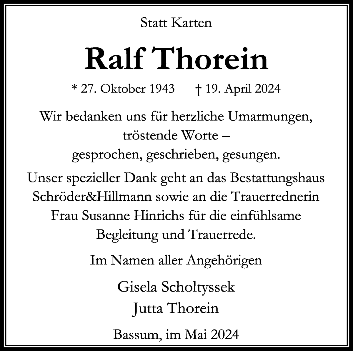 Traueranzeige von Ralf Thorein von WESER-KURIER