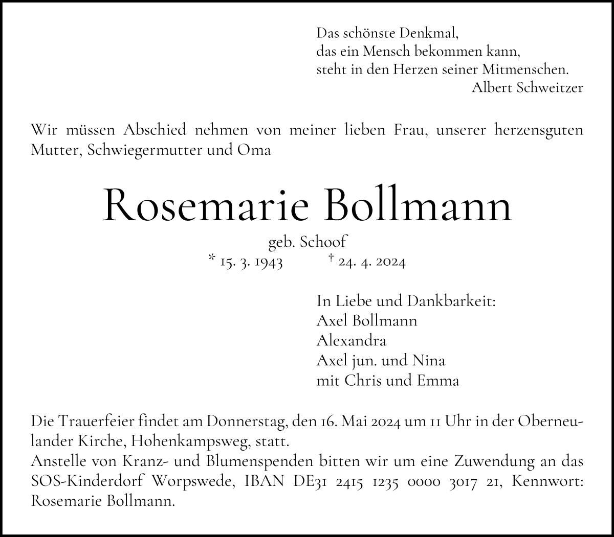Traueranzeige von Rosemarie Bollmann von WESER-KURIER