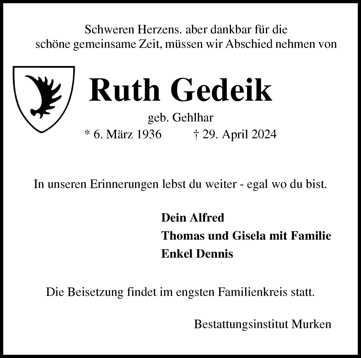 Traueranzeige von Ruth Gedeik von Osterholzer Kreisblatt