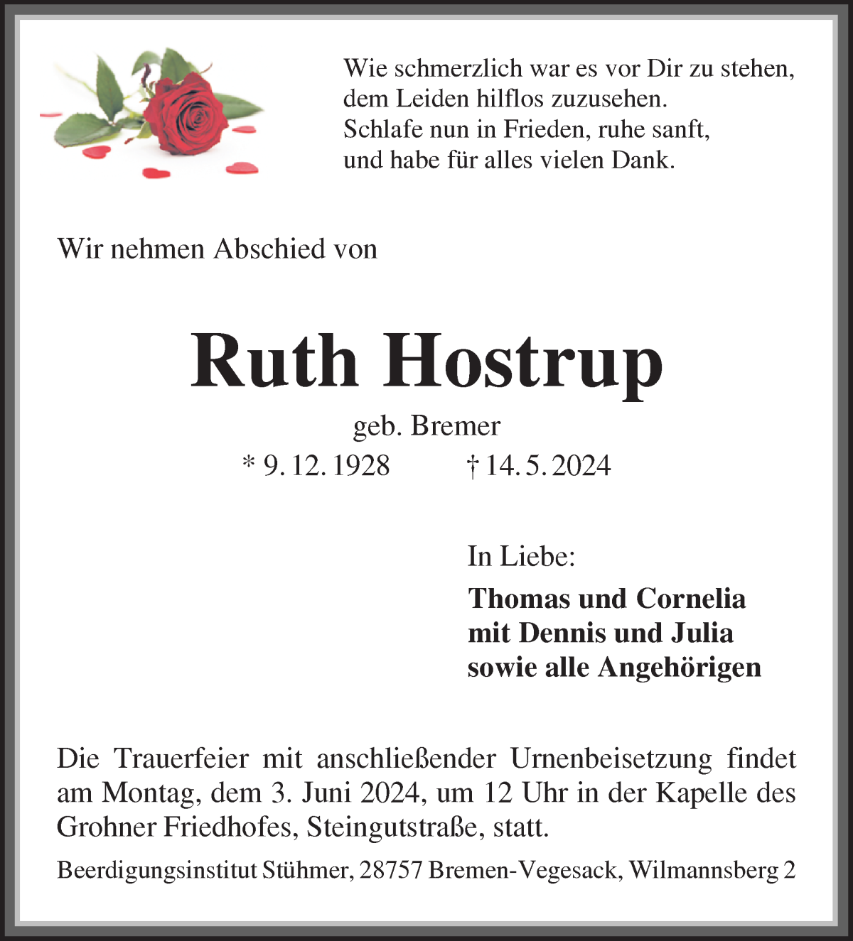 Traueranzeige von Ruth Hostrup von Die Norddeutsche