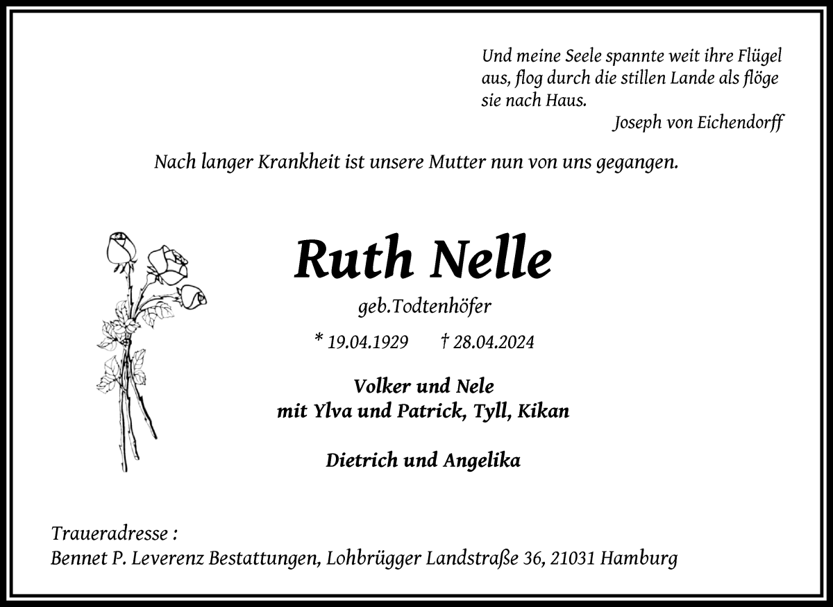 Traueranzeige von Ruth Nelle von Die Norddeutsche