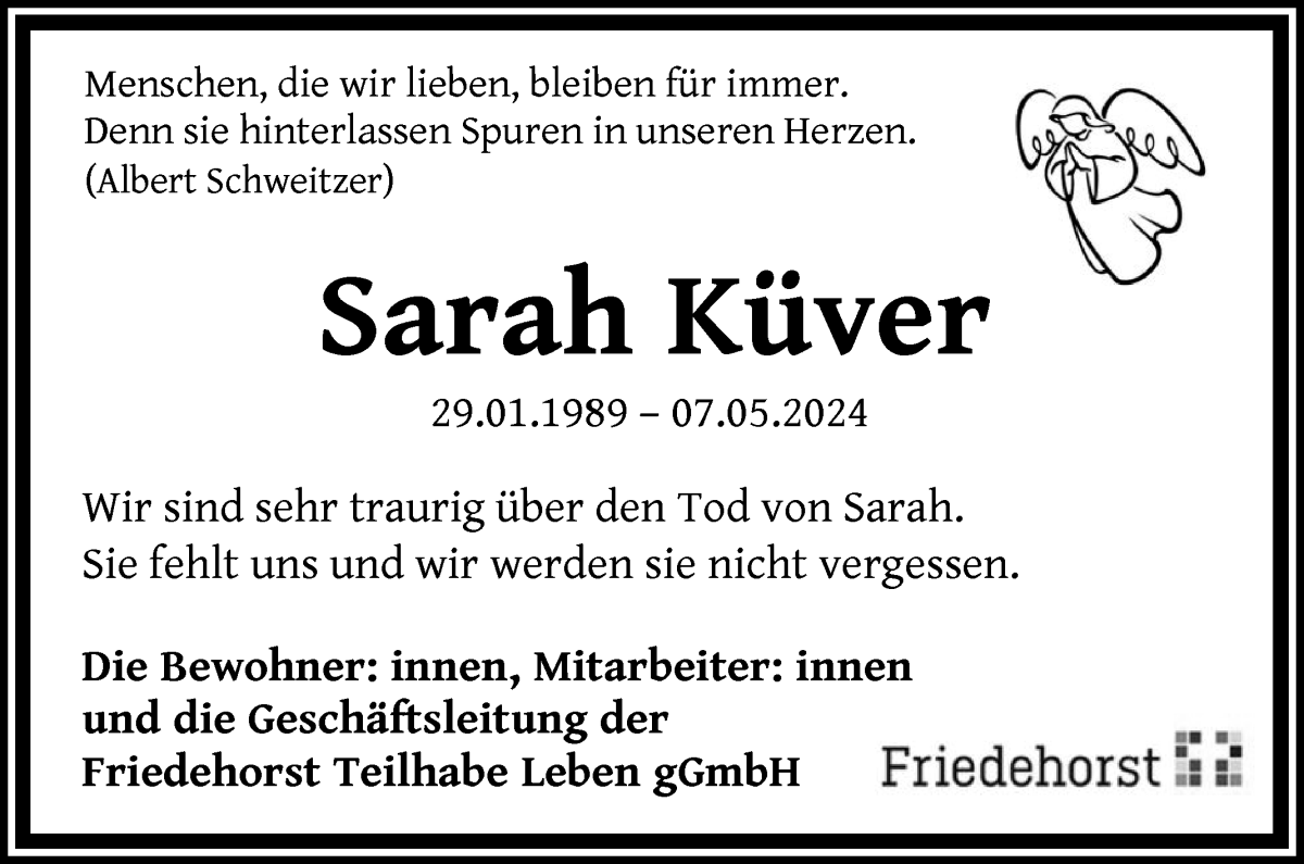 Traueranzeige von Sarah Küver von WESER-KURIER